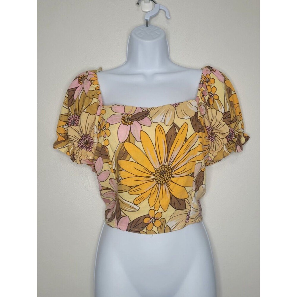 Angie orange brown flower print short sleave lace up back cottage top size xs